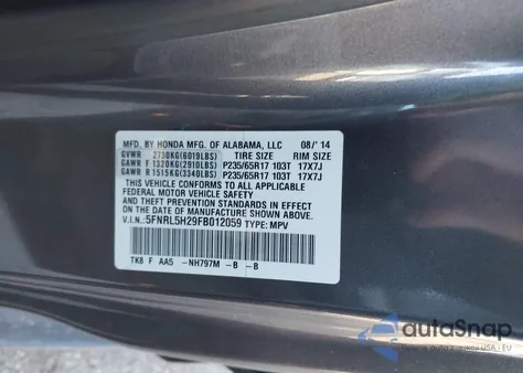 2015 Honda Odyssey Lx из США, поврежденный, VIN 5FNRL5H29FB012059